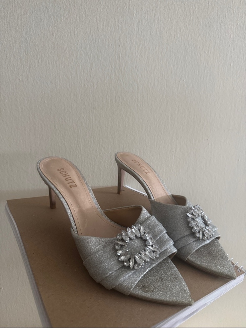 SCHUTZ Silver Glitter Pointed Toe Mules with Crystal Buckle